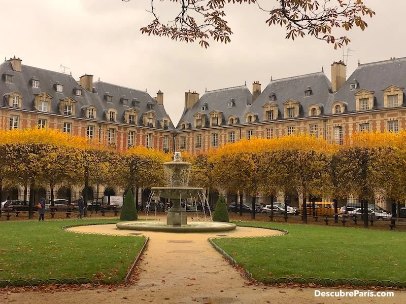 Arboles en tonos cálidos otoñales de la Place des Vosges de Paris