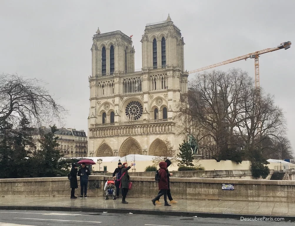 Se aprecian turistas tomándose fotos con notre dame a lo lejos