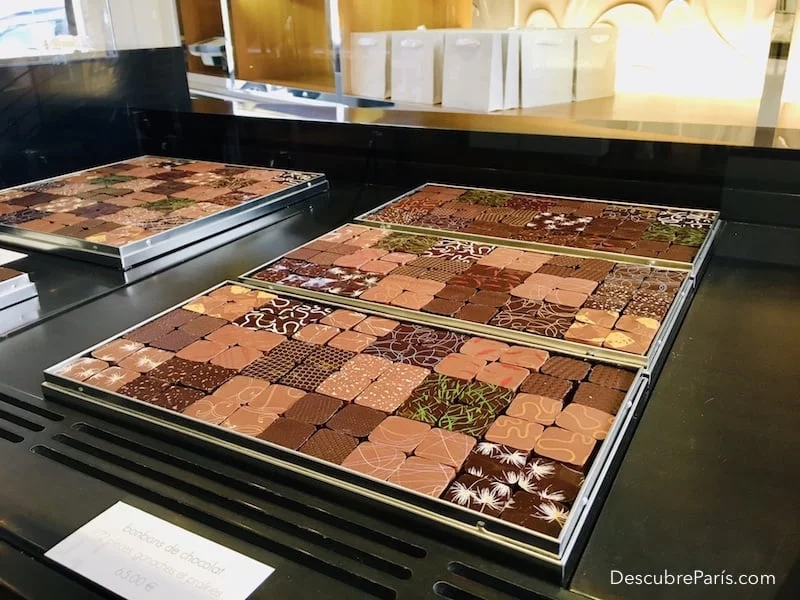 You can see the chocolates of the Jacques Genin store in Paris, presented as small art pieces.